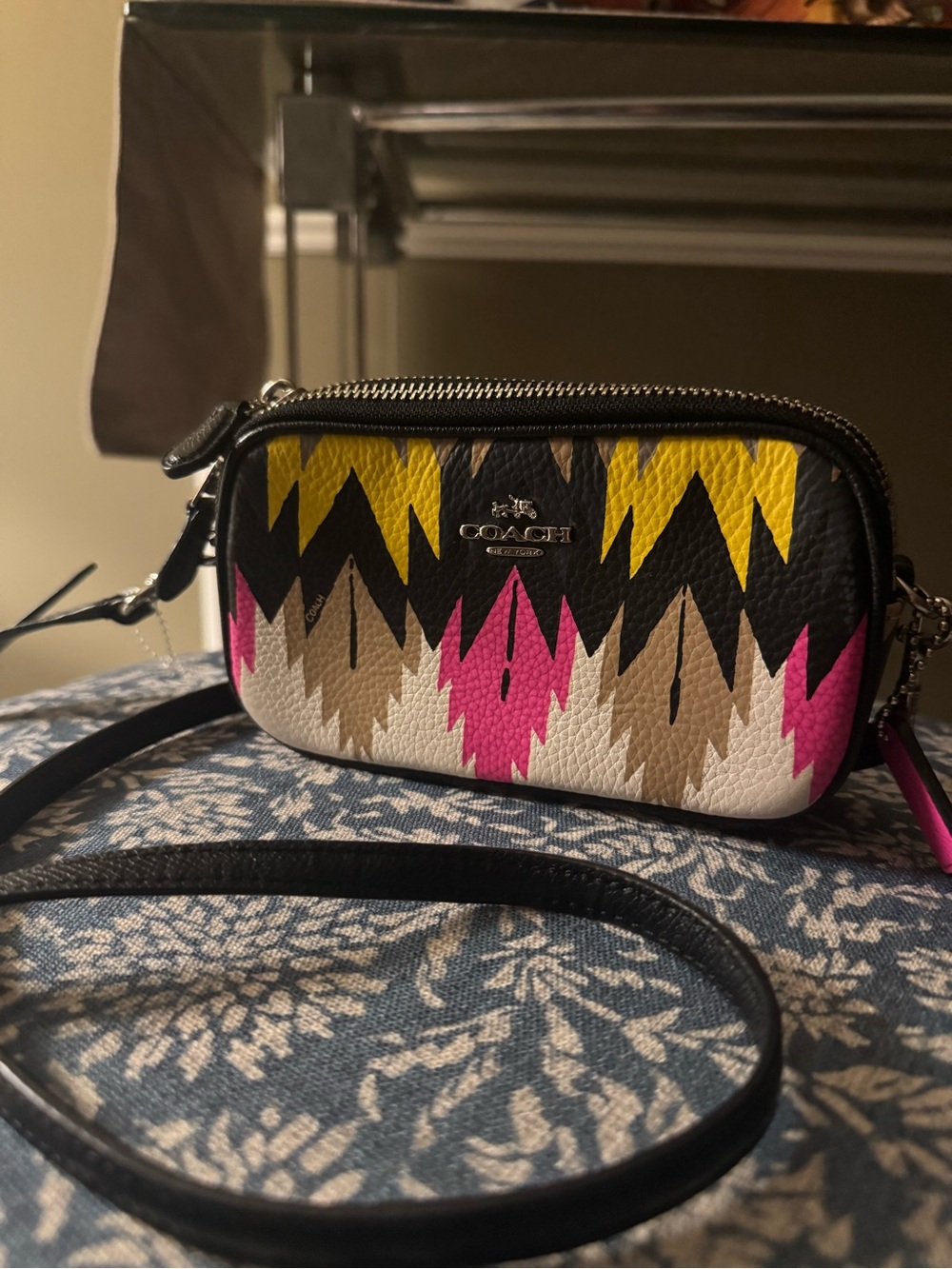 COACH Multicolor Zigzag Leather Crossbody - Pink, Yellow, Black, White, Tan